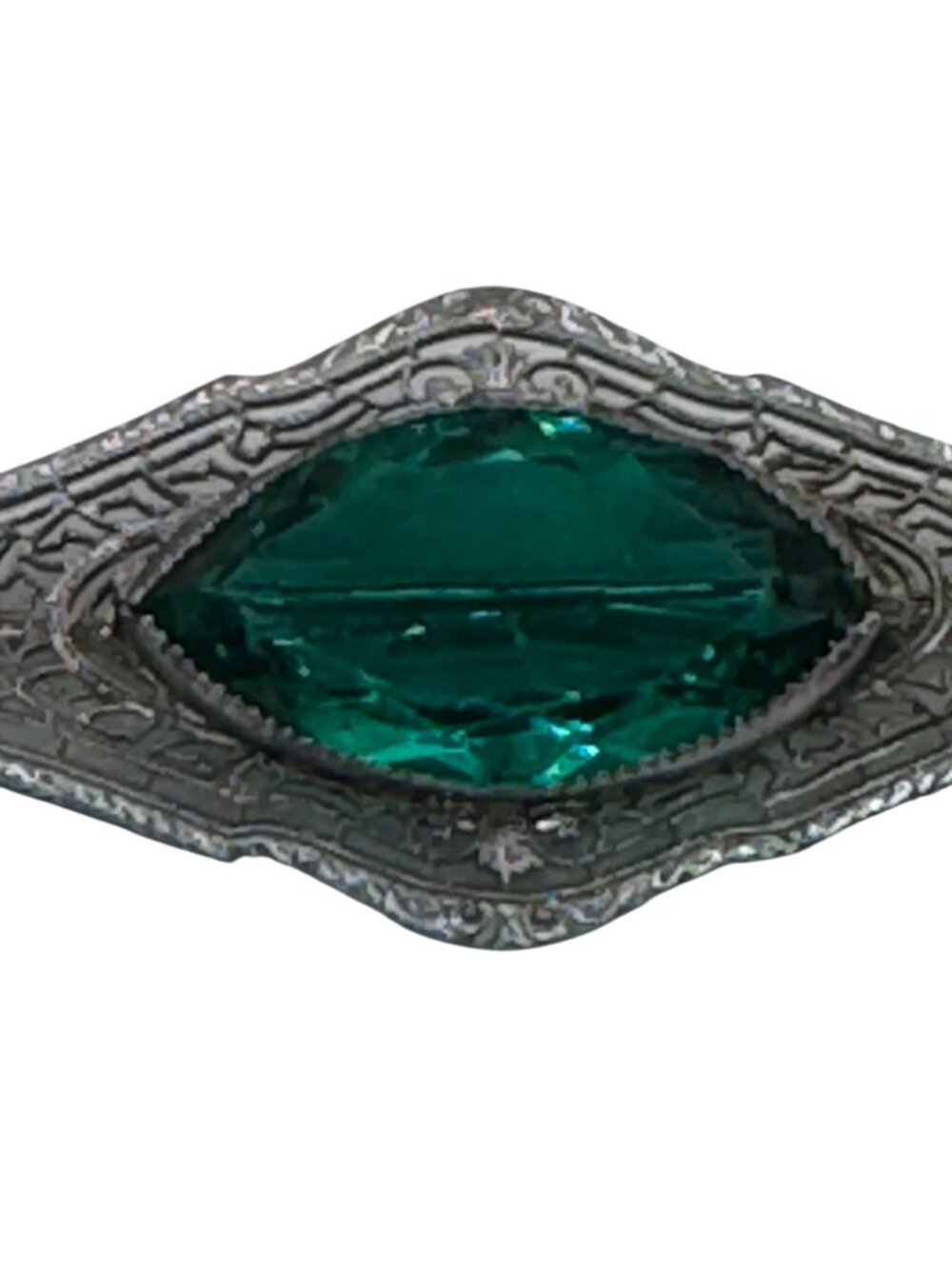 Antique 14k White Gold Filigree Brooch Emerald Green Glass Stone Art Deco 2.5" - Picture 10 of 11